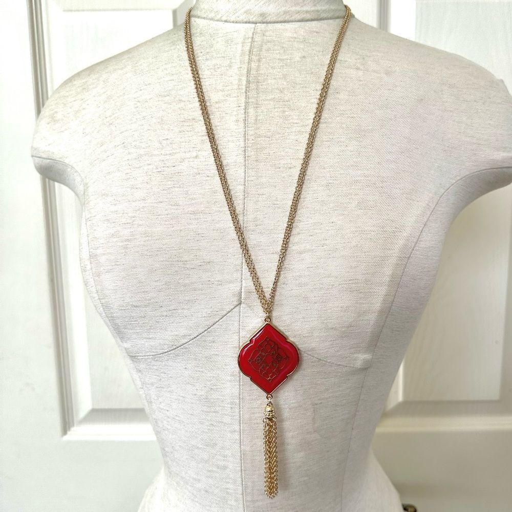 Charming Charlie red and gold tone tassel necklace